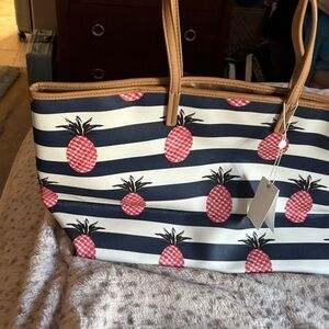 Tory Burch Pink Pineapple Striped Tote